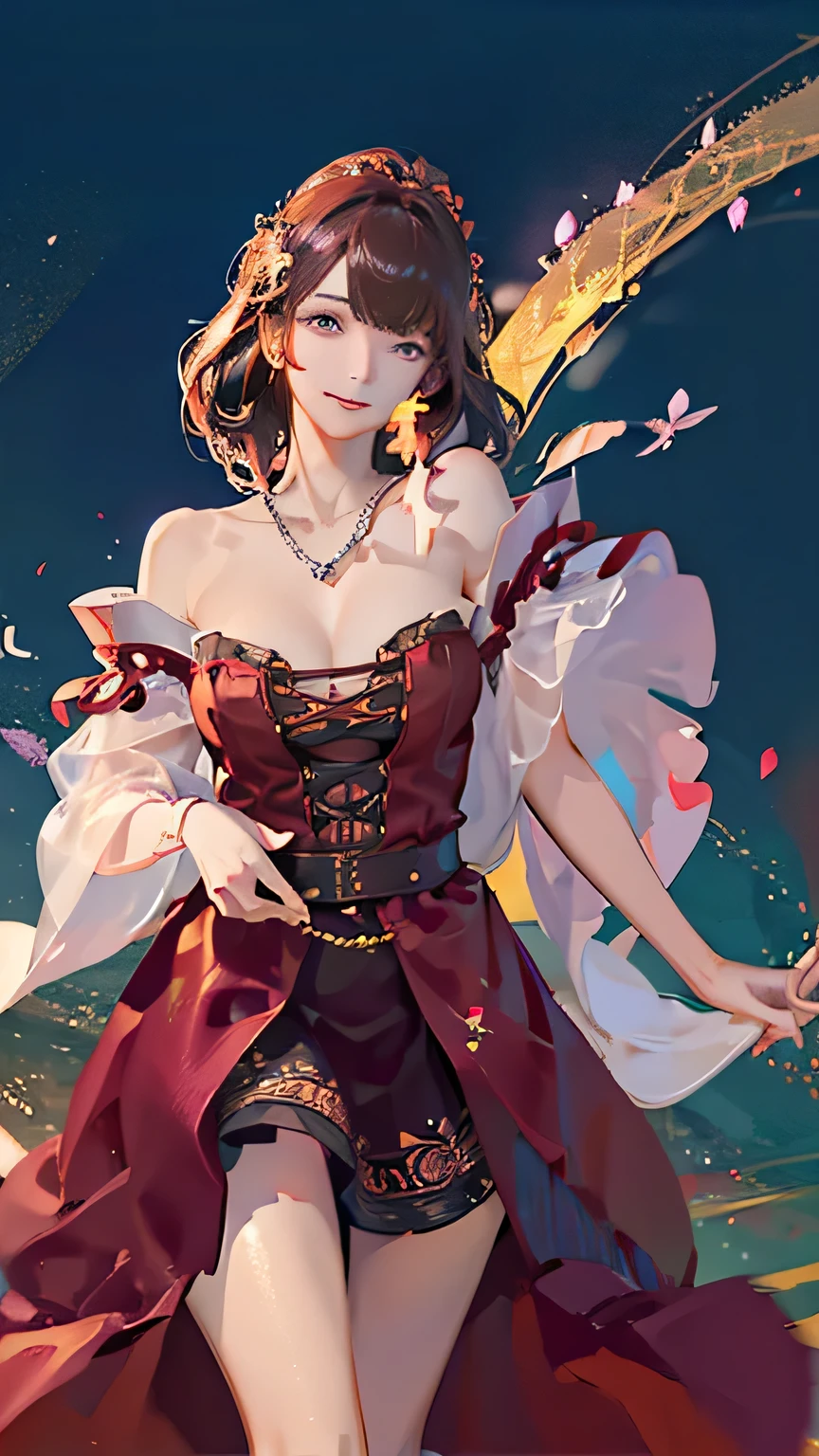 (highest quality, High resolution), Glowing Eyes, Delicate facial features, Vibrant colors, Dreamy atmosphere, Fantasy Theme, Floral Background, Graceful Movement, Detailed clothing, loose fitting dress, Elegant fashion, Magic lighting, Mysterious Aura, Heavenly Beauty, Magic thread, Whimsical elements,Big Breasts、Red attire、Colorful costumes、lingerie、Purple outfit