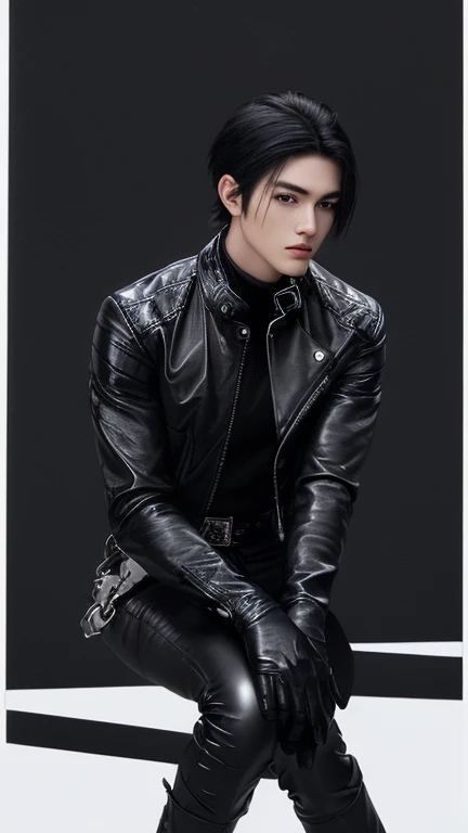 
Final Fantasy-style graphics、Young, cute and cool Japanese boys, Thin eyebrows and big eyes,  He is wearing a shiny white single-breasted leather jacket........。Biker style leather jacket、 with epaulettes,  The jacket is zipped up, The jacket pockets are black., The jacket has a high stand-up collar with a belt, Also wearing a black turtleneck, Black Leather Pants, Thin black leather gloves on both hands, Black leather knee-high lace-up boots, Show me your whole body from head to toe, Final Fantasy Style、((good looking))、((good looking))、((Clear eyes and nose))、((Shiny white single leather jacket))、((The jacket must be white.))、((The jacket has epaulettes))、((Jacket has a high stand-up collar and belt))、((The jacket has a black pocket))、((Black turtleneck shirt))、((Black Leather Pants))、((Always wear shiny black leather gloves on both hands))、((Cover the entire fingers of both hands with gloves))、((Black lace-up leather long boots))、((Show from head to toe))、Realistic image quality and texture、In a small cell、close your eyes、A kind smile、((The front of the jacket is closed with a zipper))、((No exposed skin below the neck))、((Round face)、((Short Hairstyles))、((Upright posture))、((Don&#39;t sit))