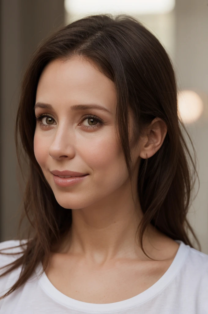 jennifer_love_hewitt, 1girl, portrait, studio background, wearing t-shirt, close-up, long hair, eye level shot, subtle smile, jennifer_love_hewitt eating an hamburger, best quality, masterpiece