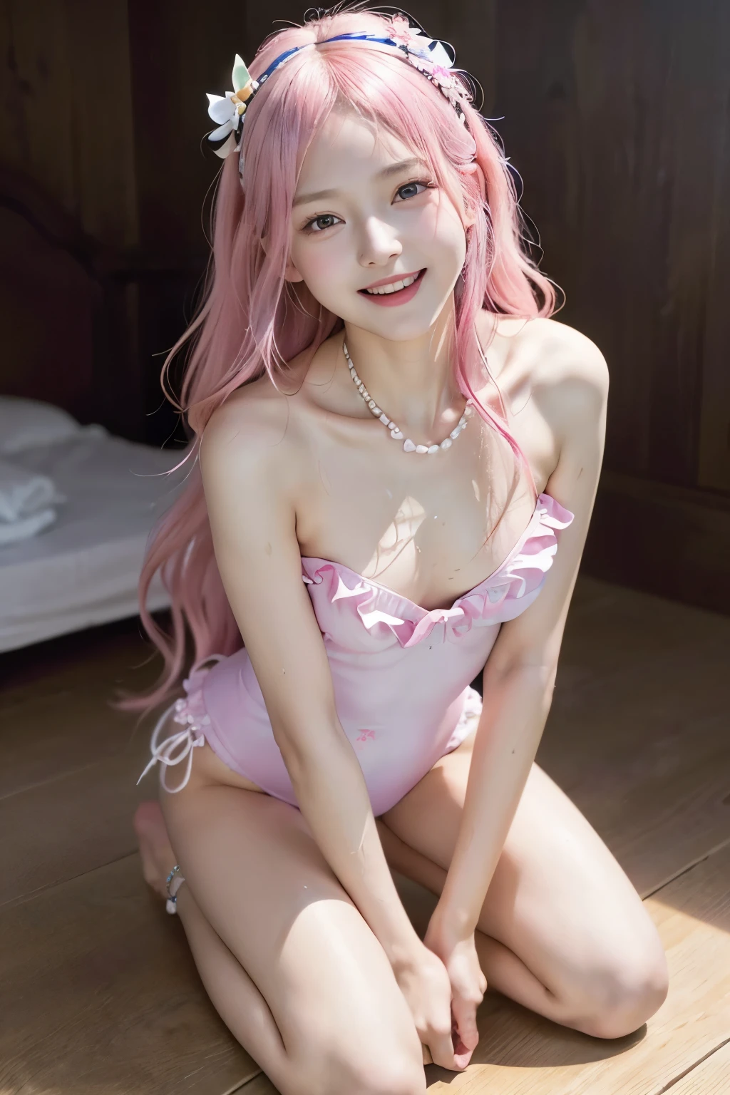 8K, top-quality, masterpiece:1,2), (reallistic, Photorealsitic:1.37), Super Detail, One girl,), (Highly detailed), (beautifully detailed eyes), (of the highest quality), (super detailed ), (masterpiece), (Detailed face),20yr old, ,1 girl, ((pink hair,long hair)), medium breasts, clothed, Perfect Lighting, BREAK,
(light pink:1.2), (baby blue:1.2), (small floral patterns:1.2), (shiny fabric:1.1), (one-piece swimsuit:1.5), (long-sleeved rash guard:1.3), (light support bikini top with pads:1.4), (high-waisted bottoms:1.4), (loose-fitting:1.3), (large ribbon on chest:1.2), (small ribbons on hips:1.2), (frills on chest:1.2), (pearl details:1.1), (bead details:1.1), (pastel-colored beach sandals:1.2), (flower-shaped sandals:1.2), (shell necklace:1.1), (pearl bracelet:1.1), BRAKE, (upper body and knees:1.2), (long wavy hair:1.2), (shoulder length hair:1.1), (smiling:1.3), (facing forward:1.2), (looking up:1.1), (looking at viewer:1.5), (seiza:1.5), (sweat:1.5), (steam:1.2), (girl trembling with sexual climax:1.1), (body fluids juice:1.2), (open mouth:1.2), (touching swimsuit ties:1.1), (one leg forward:1.1), (stick out tongue:1.2), (bright facial lighting:1.3), (hair highlights:1.3), BRAKE
