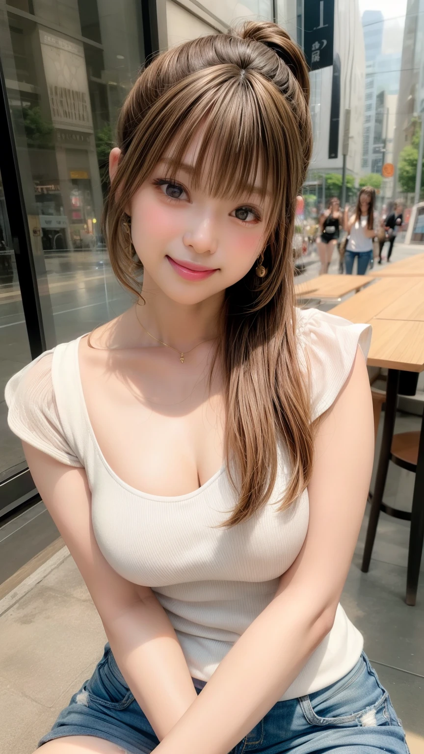 Tabletop、Large Breasts、 Large Breastsの谷間, Natural Lip、Fair skin、Great light、Beautiful lighting、((Straight Hair、ponytail))、Brown Hair、Blunt bangs、Tight clothing、White tank top、Denim shorts、Gorgeous Accessories、Harajuku、smile、かわいいsmile、squat、Crowds in the city