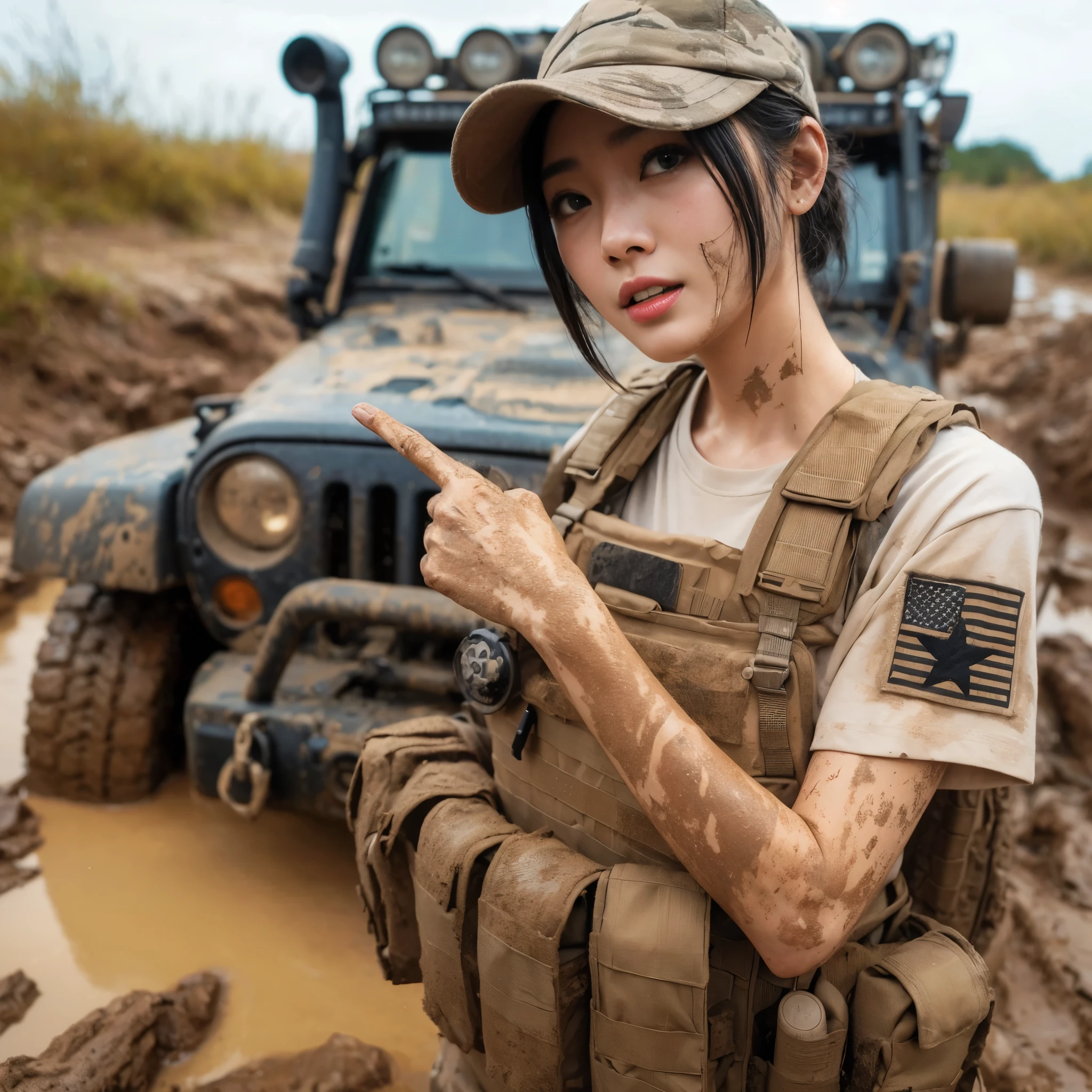 (best quality,8k,realistic photo:1.2),ultra-detailed,realistic skin texture,Japanese woman serving in the U.S. Army,t-shirt,rugged terrain,jeep stuck in mud,muddy,bulletproof vest,blurred background