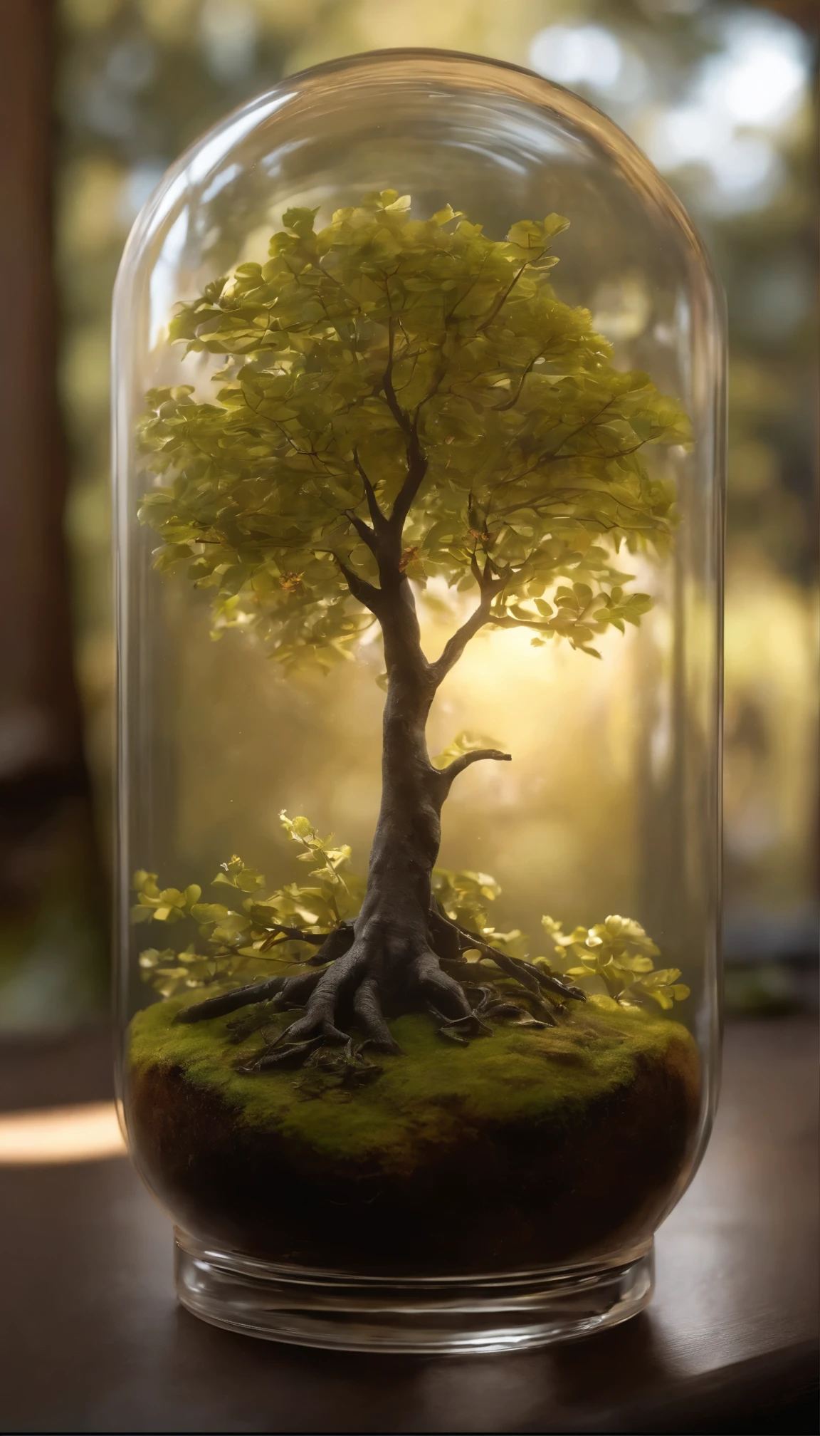 A dreamy art tree in a bottle, fluffy, realistic, photographic, canon, dreamy, artistic, splendid leaves and branches with flowers above its head. Greg Rutkowski's Ultra Detailed Photo Realism - H1024W 804 | F16 Lens Markers 2:2 S 35555 mm Film Particles: 1 Realistic High Resolution Sharp Focus Contrast!! The intricate and detailed atmospheric refractive lighting in Octane, Unreal Engine 5's cinematic concept cinematography masterpiece, presents the trend of CGSociety