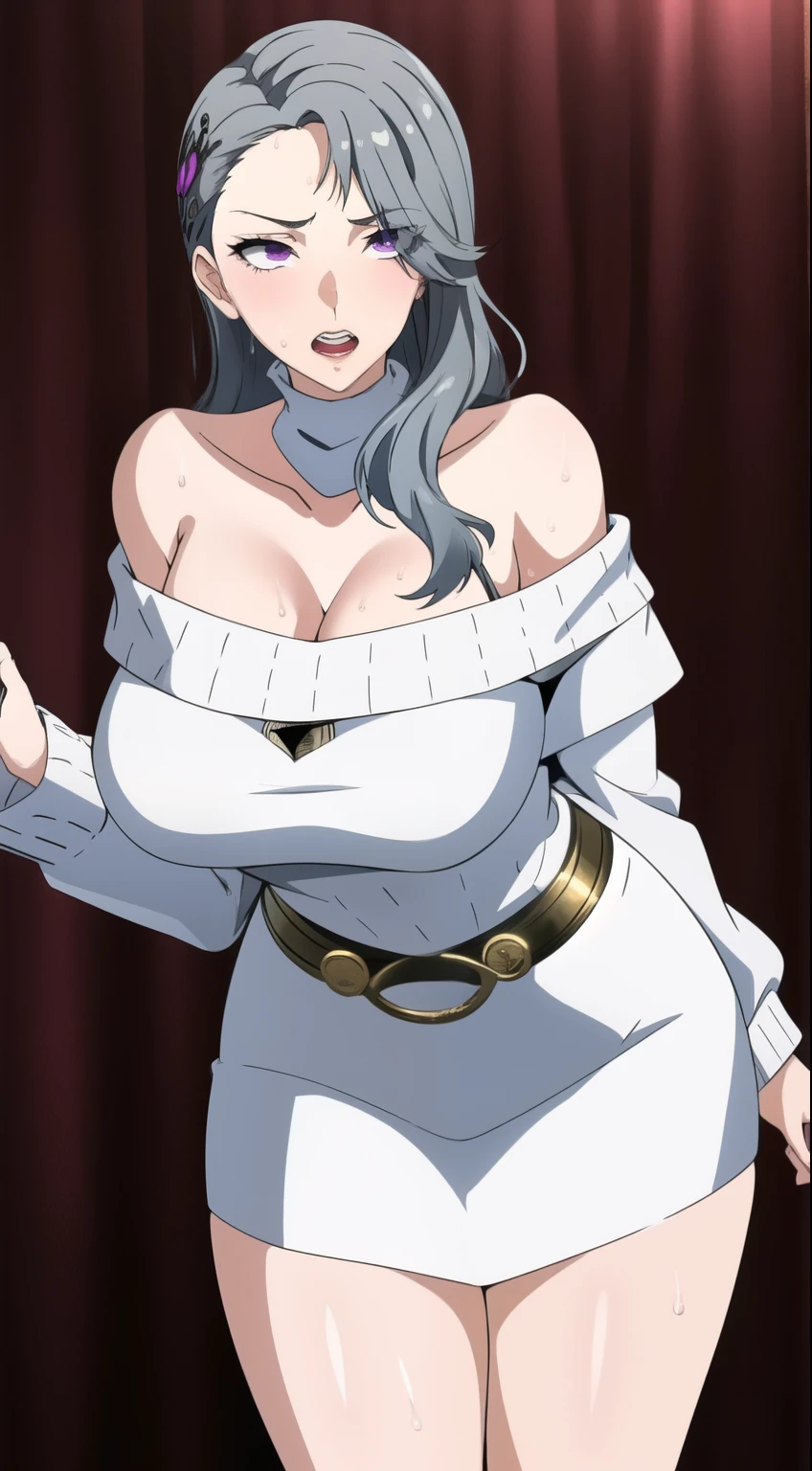 masterpiece, 1 girl, alone, Shortcuts, , Niijima Sae (persona 5)、Big Breasts, Mature Woman, Glare,Sharp eyes, Silver Hair、Lilac eyes, Empty Eyes LoRA / utsurome / Hypnotic suggestion,White off-shoulder sweater,Pink tight skirt, Pose standing thigh sex,Thick thighs, Hypnotic Pendulum,Hypnotic state, Hypnotic Pendulum / Coins on a string / saimin,,Hypnotic stateの目,squint,Teeth grinding,Showing teeth,Sweaty,Stuffy stuffiness,全身Sweaty,White off-shoulder sweater,I can see the valley