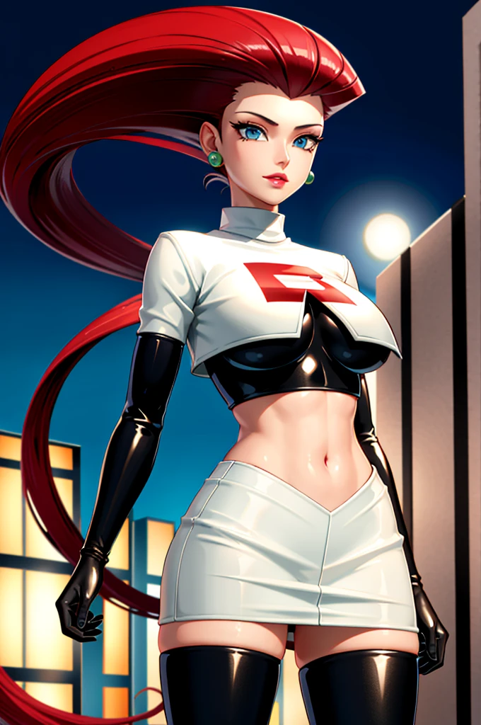 (best quality, highly detailed:1.3), (masterpiece:1.3), ((official art)), detailed face, beautiful face, (detailed eyes, perfect eyes, deep eyes), (1girl:1.33, solo), full body, jessie\(pokemon\), (very long hair, nsfw, large breasts, narrow waist, red hair, hair slicked back:1.2), (cyan eyes), earrings, grin, team rocket, team rocket outfit, white crop-top, white miniskirt, midriff, navel, black elbow gloves, black thighboots, , (cowboy shot:1.3), (dynamic angle, city, night, detailed background:1.2)