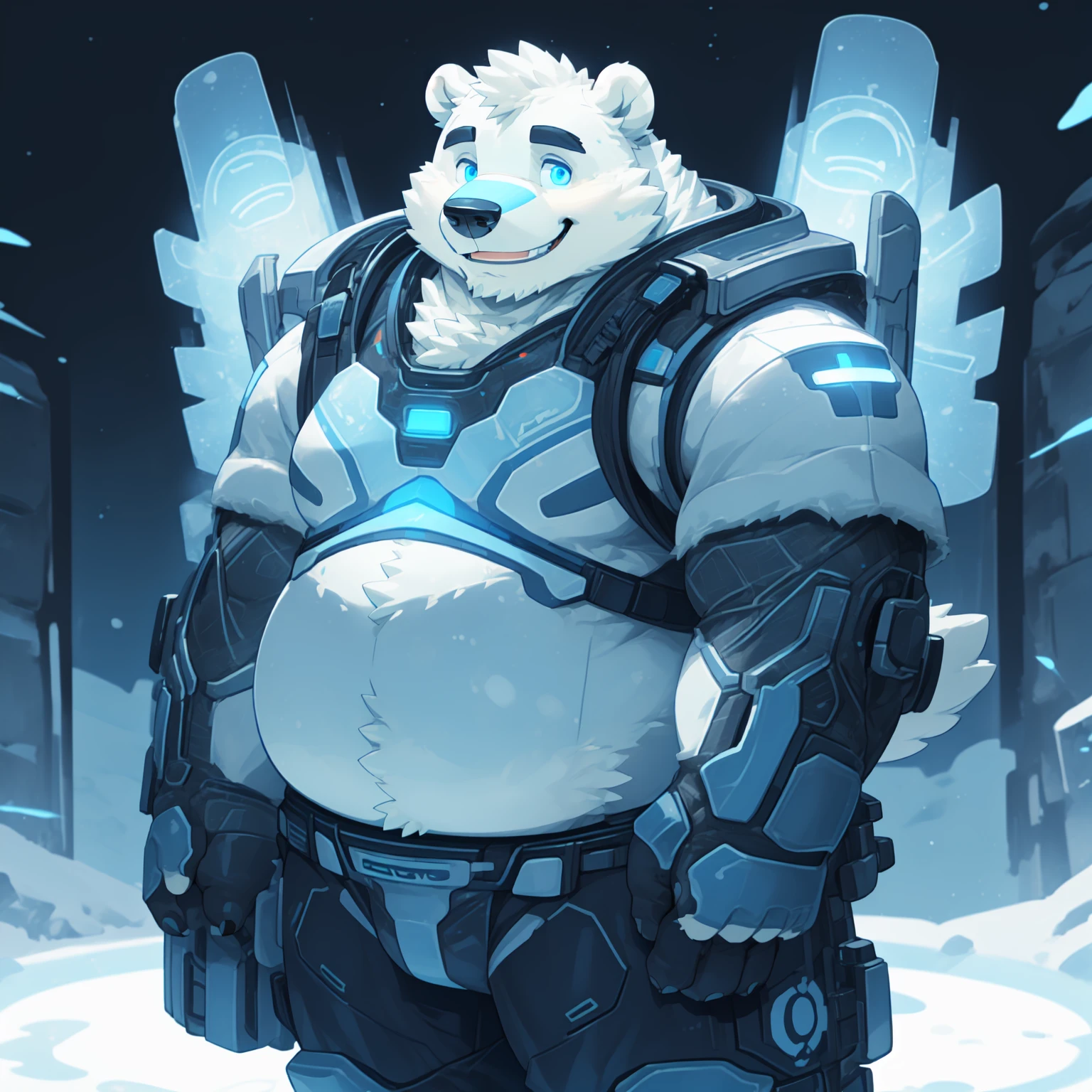New Jersey 5 Furry,polar bear,Personal portrait,Unique,Exquisite, Chubby,Fat,Thick arms,Rugged muscles,White plush fur,Chubby脸,Black eyebrows,Sky blue eyes,Beard,High-tech armor,Mecha Style,Glowing core,The light surrounds the body,Standing,Smile