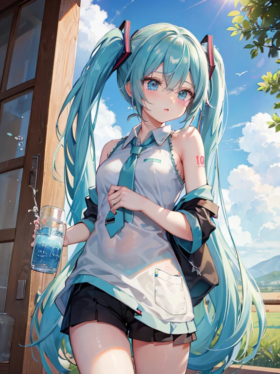 Hatsune Miku gives water to an elephant and her at a whiskey distillery