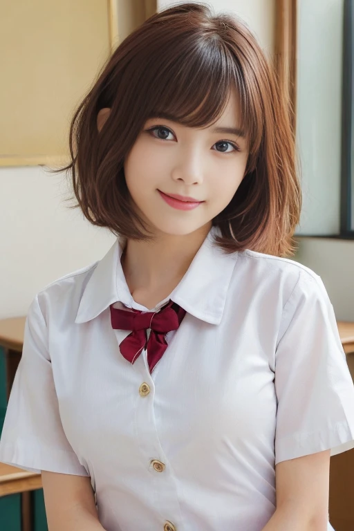 (best quality,4k,8k,highres,masterpiece:1.5),(ultra-detailed,realistic,photorealistic,photo-realistic:1.37),portrait,(looks ultra young Japanese girl,Incredibly Ultra Slim body:2.0),(cute breasts:1.25),(mesmerizingly beautiful face:1.5),((Close-up of her eyes:2.0)),(striking features,ultra cute and idol-like big smile:1.5),(distinctly expressive ultra beautiful eyes:2.0),beautifully shaped eyebrows,captivating gaze,delicately curved pale pink lips,pink lips,natural rosy cheeks,vibrant charm,flawless and fair skin,subtle shading,realistic rendering,(She is wearing a summer junior high school uniform:1.5),(White shirt:1.5),(Pink ribbon:1.2).(She has dark red hair:1.5),(ultra short hair:1.5),gently swaying,golden rays of sunlight gently illuminating the scene,elegant and graceful posture,creating a tranquil and serene atmosphere. She's in the classroom.