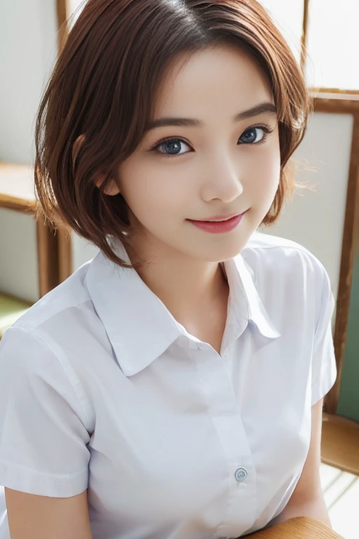 (best quality,4k,8k,highres,masterpiece:1.5),(ultra-detailed,realistic,photorealistic,photo-realistic:1.37),portrait,(looks ultra young Japanese girl,Incredibly Ultra Slim body:2.0),(cute breasts:1.25),(mesmerizingly beautiful face:1.5),(Close-up of her eyes:2.0),(Close-up of face:1.5),(striking features,ultra cute and idol-like big smile:1.5),(distinctly expressive ultra beautiful eyes:2.0),beautifully shaped eyebrows,captivating gaze,delicately curved lips,natural rosy cheeks,vibrant charm,flawless and fair skin,subtle shading,realistic rendering,(She is wearing a summer  high school uniform:1.5),(white shirt:1.5).(She has dark red hair:1.5),(ultra short hair:1.5),gently swaying,golden rays of sunlight gently illuminating the scene,elegant and graceful posture,creating a tranquil and serene atmosphere. She's in the classroom.