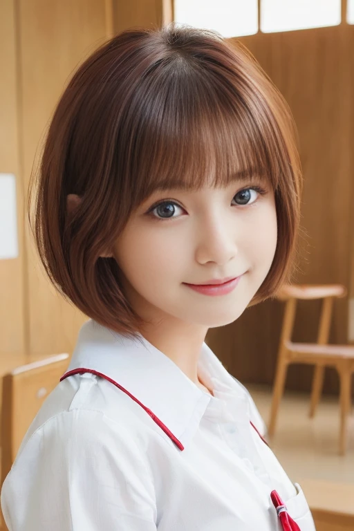 (best quality,4k,8k,highres,masterpiece:1.5),(ultra-detailed,realistic,photorealistic,photo-realistic:1.37),portrait,(looks ultra young Japanese girl,Incredibly Ultra Slim body:2.0),(cute breasts:1.25),(mesmerizingly beautiful face:1.5),(Close-up of her eyes:2.0),(Close-up of face:1.5),(striking features,ultra cute and idol-like big smile:1.5),(distinctly expressive ultra beautiful eyes:2.0),beautifully shaped eyebrows,captivating gaze,delicately curved lips,natural rosy cheeks,vibrant charm,flawless and fair skin,subtle shading,realistic rendering,(She is wearing a summer junior high school uniform:1.5),(white shirt:1.5).(She has dark red hair:1.5),(ultra short hair:1.5),gently swaying,golden rays of sunlight gently illuminating the scene,elegant and graceful posture,creating a tranquil and serene atmosphere. She's in the classroom.