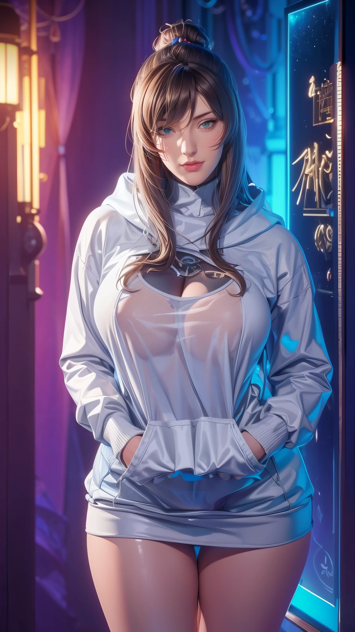 （（（完美figure，figure，solo， White and tender skin，（（（hoodie，wearing a hoodie））），（（（mei_terumi,long hair, brown hair, green eyes, hair over one eye, Red brown crossed long curly hair, right eye covered by hair, pink lips））），((masterpiece)),high resolution, ((Best quality at best))，masterpiece，quality，Best quality，（（（ Exquisite facial features，Looking at the audience,There is light in the eyes，(（（Smile，confidence)））)，））），型figure:1.7））），（（（Light and shadow，Huge breasts））），（（（Looking at the camera，black background，colorful, neon lights,baby pink, baby yellow, silver, white,Bend forward ）））