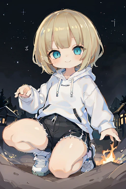 Blonde hair, short mash hair, turquoise eyes, plain white hoodie, black shorts, black sneakers,masutepiece, Best Quality, 1 girl, Solo, effect, Dark background, With a happy face,Chibi、camp、Before the bonfire、beneath the stars