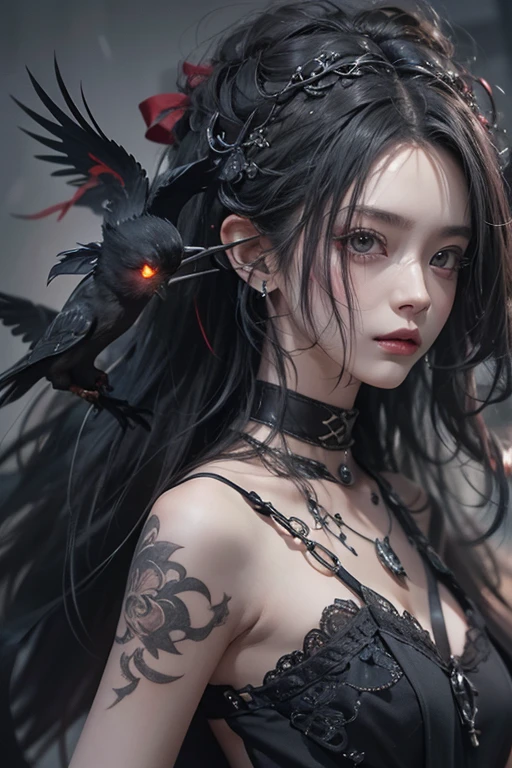 top-quality、8K、​masterpiece：1.3、Gothic punk、Red inner color、A grey dark-haired、hair adornments、a beauty girl、creative、dark fantasy style、Neogos、Goth Fashion：1.2、hight resolution、​masterpiece、top-quality、headw:1.3、((Hasselblad photo))、Fine-grained skin、Sharp Focus、(lighting like a movie)、Realistic texture m hair, black crow in the shoulder , snake hair like Medusa 