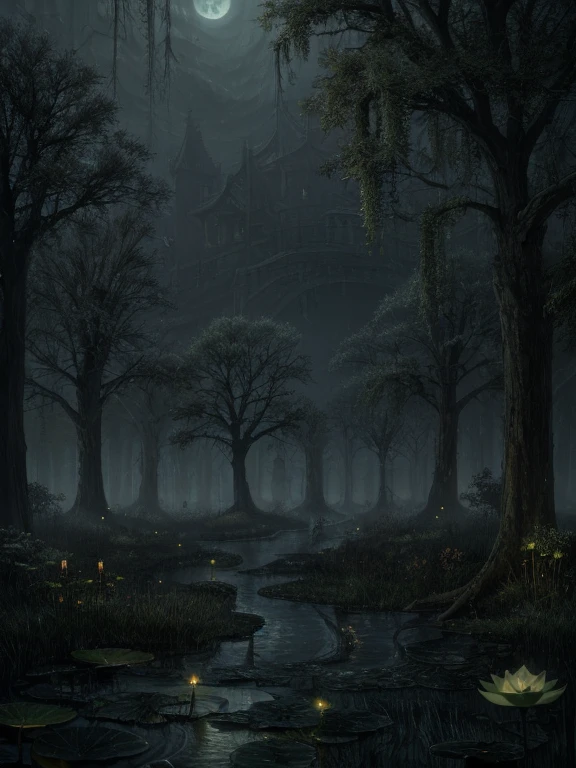 night，Dark Swamp（Detailed background:1.2),High Detail,Low willow tree ，Green poisonous fog，Lotus，Black muddy water。
