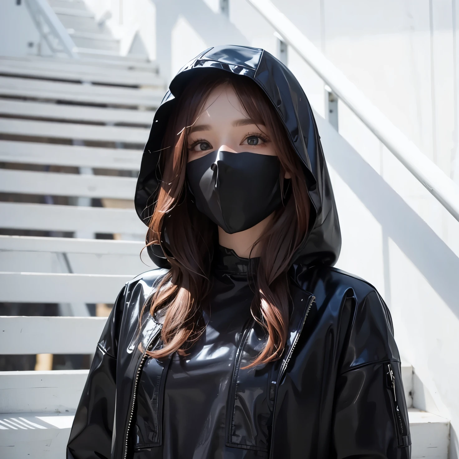 Baju jaket latex, mata merah