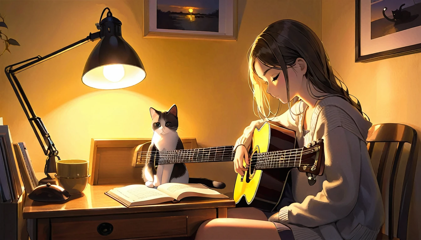 A dusk,
A girl sits in a cozy corner, guitar in tow.
The soft yellow light of a desk lamp illuminates her thoughtful expression, revealing deep concentration and a calm posture.
Her gentle gaze is comforting.
It adds to the quiet evening atmosphere, creating a peaceful and tranquil look,with cat.
