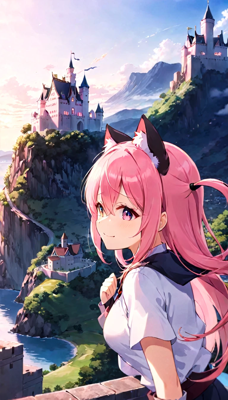 kawai anime girl looking at the horizon with a castle floating in the distance and people in the distance with powers, pink hair, happy, cat ears and panorama mode image that shows the landscape and that the girl does not look at the camera and that her entire body is seen, with a smile on her face, open her eyes, with a katana hanging on her anime waist, anime, anime!!! 4k