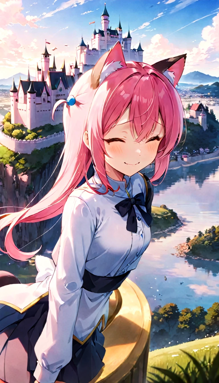 kawai anime girl looking at the horizon with a castle floating in the distance and people in the distance with powers, pink hair, happy, cat ears and panorama mode image that shows the landscape and that the girl does not look at the camera and that her entire body is seen, with a smile on her face, open her eyes, with a katana hanging on her anime waist, anime, anime!!! 4k