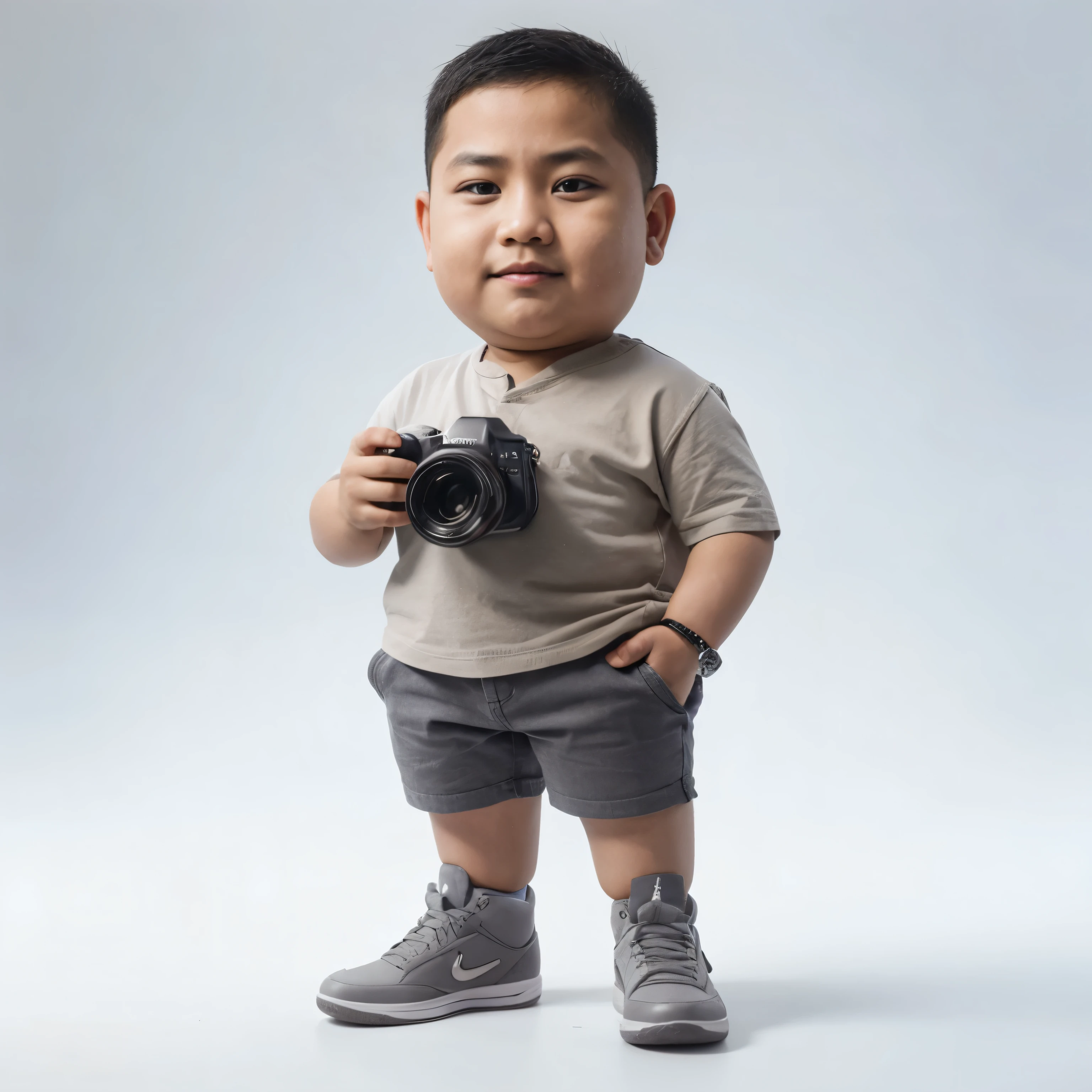 karikatur 4D realistik seorang pria Indonesia usia 30 yo, berbadan gemuk, rambut pendek, wajah bersih, memakai kemeja, memakai celana pendek, memakai sepatu Jordan air grey, berdiri memegang sebuah kamera mirrorless hitam, dengan latar belakang gradasi putih