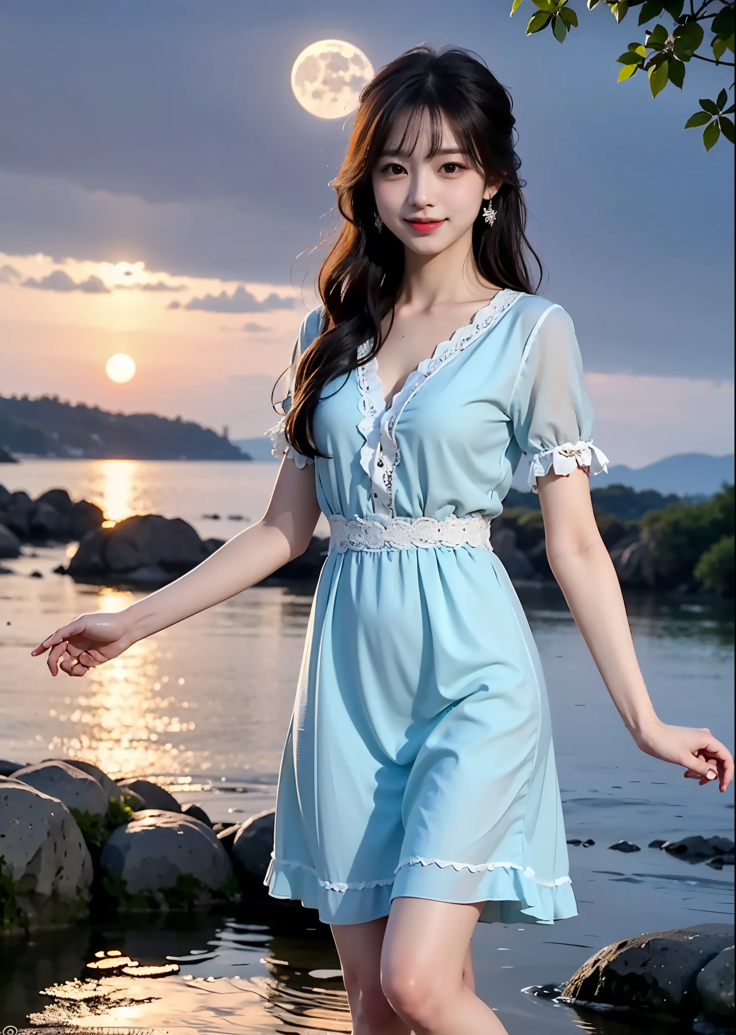 夜の深い森の中にある湖に膝まで浸かる女性のFull body photo、The light of a small moon is reflected on the water surface、There are thin clouds、A woman wearing a dark blue nightdress、Brown hair with bangs、smile、very cute、beautiful、Looking at the camera、Full body photo、masterpiece、highest quality、Very detailed、Official Art、(((masterpiece))), (((highest quality))), ((Intricate details)), ((Surreal))、