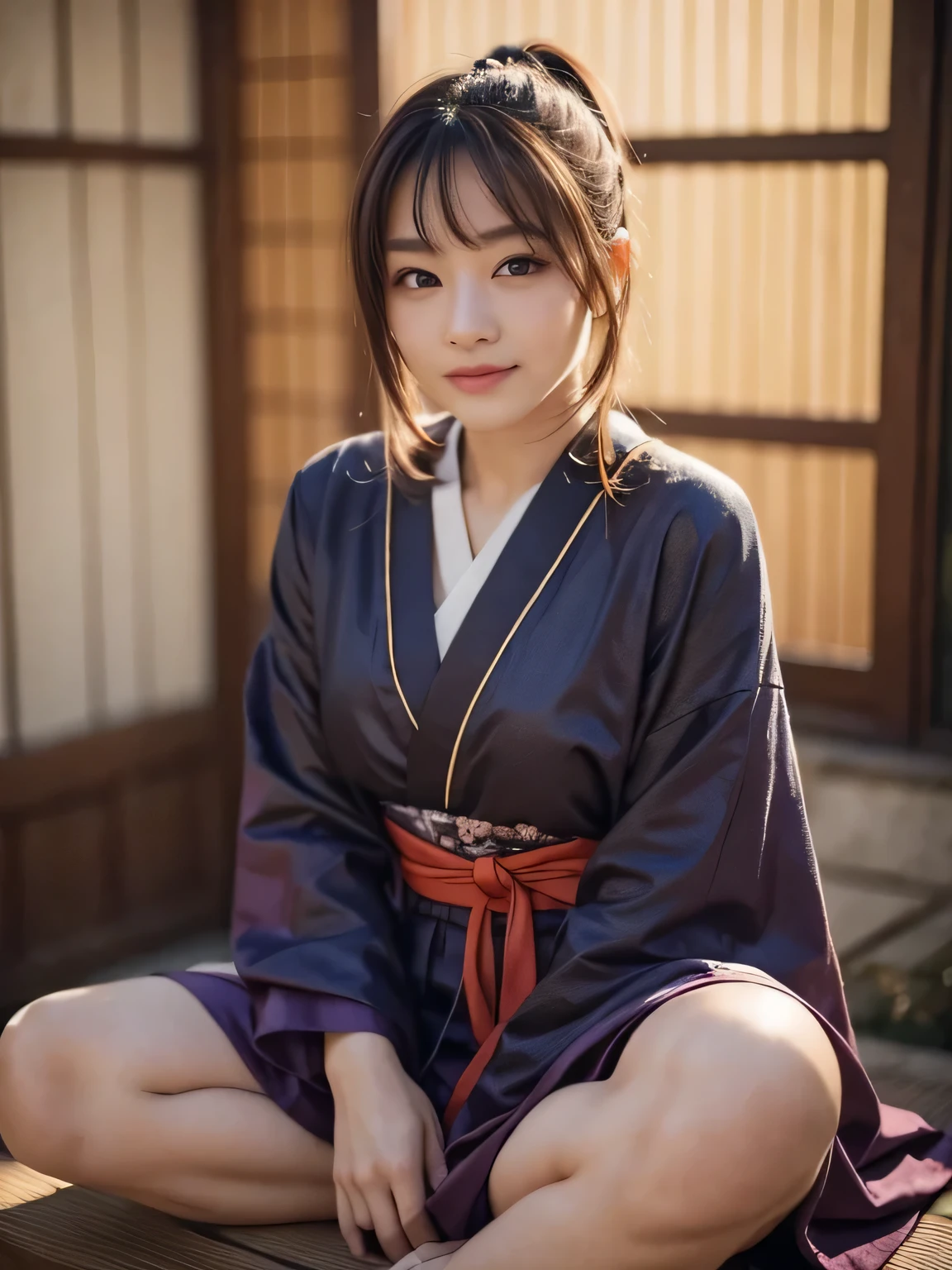 Ninja costume, Japanese Clothing, Sitting with legs crossed, looking at the camera, Beautiful Japanese Women, Smiling face, Medium length hair ponytail
