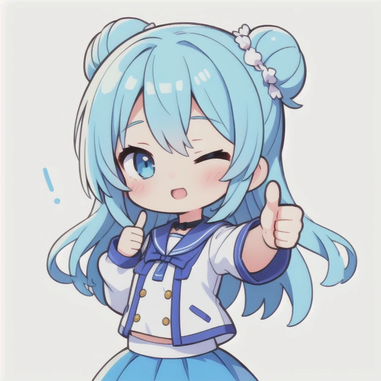 1 girl, Cute girl avatar, Cute anime face girl, Light blue skirt,Light blue long hair, Thumbs up , Simple Background, nice, Top-down angle, From the side, Chibi Character, whole body, The right eye is closed