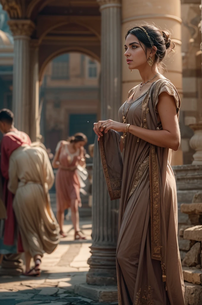 Masterpiece, Create a photorealistic, high resolution image of Hypatia strolling through the bustling streets of 4th century AD Alexandria, Egypt. slender body, High-quality realism captures her graceful stride amidst the ancient cityscape, adorned with classical architecture and bustling markets. Cinematic effects add depth, with soft lighting casting gentle shadows as she navigates through the vibrant crowd, embodying the spirit of intellect and curiosity that defined her presence in ancient Alexandria, she is looking at camera, 16K, ultra high res.photorealistic, UHD, DSLR, RAW, natural light