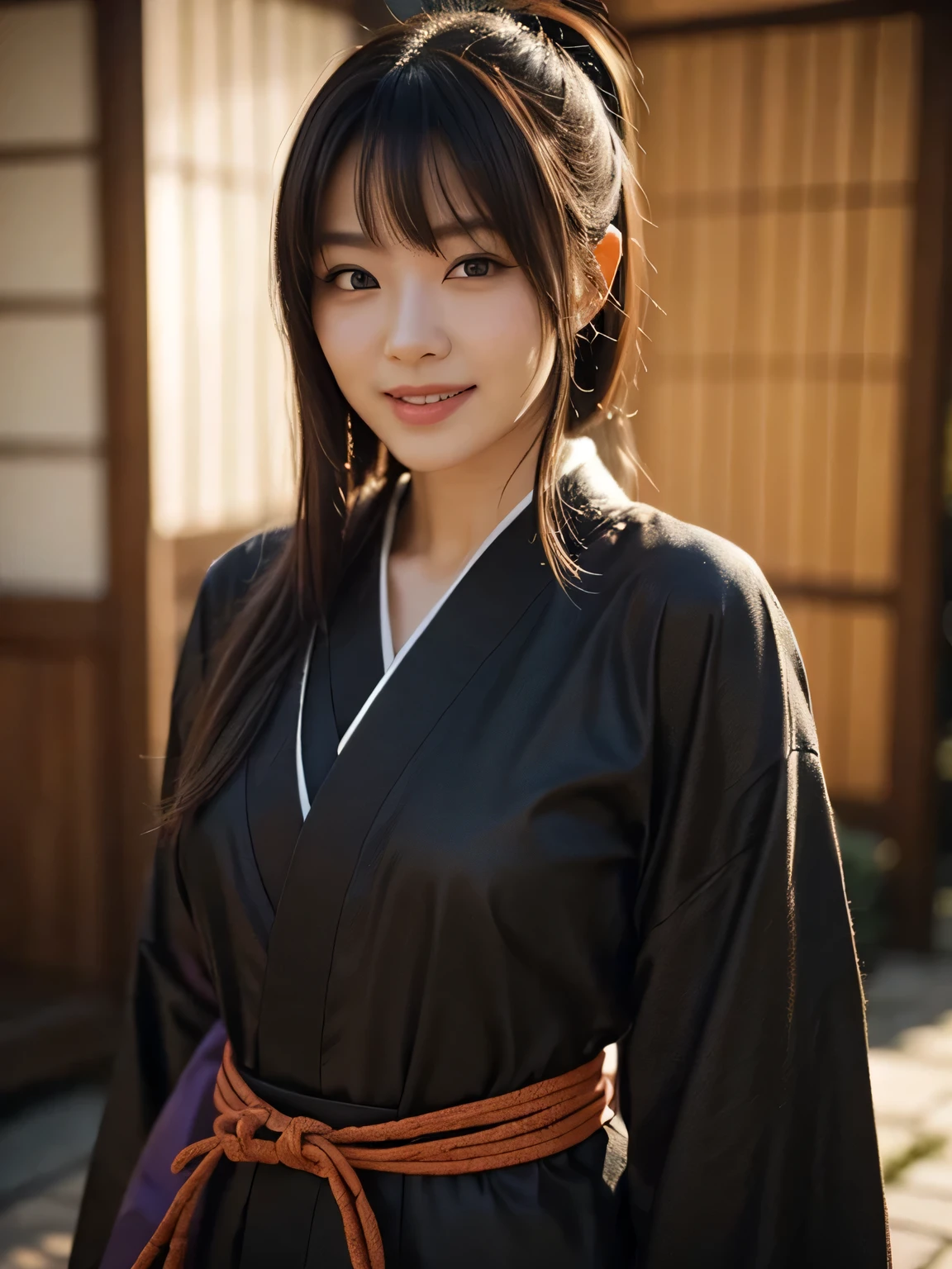 Ninja costume, Japanese clothing, Ninja pose, tucking hair behind ears, natural cleavage, beautiful Japanese woman, smiling face, medium hair