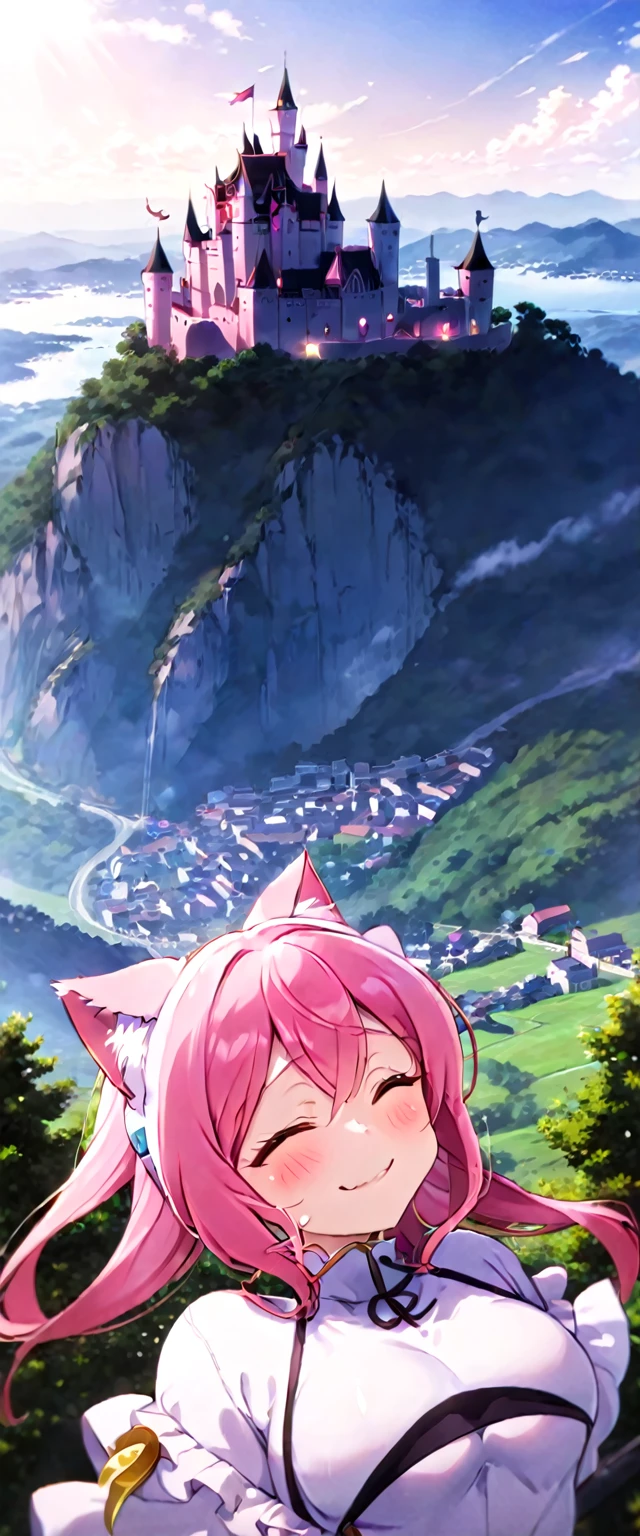 kawai anime girl looking at the horizon with a castle floating in the distance and people in the distance with powers, pink hair, happy, cat ears and panorama mode image that shows the landscape and that the girl does not look at the camera and that her entire body is seen, with a smile on her face, open her eyes, with a katana hanging on her anime waist, anime, anime!!! 4k