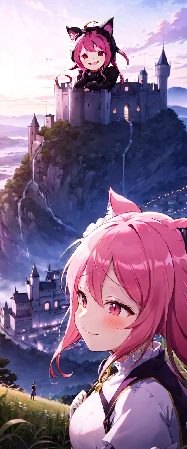 kawai anime girl looking at the horizon with a castle floating in the distance and people in the distance with powers, pink hair, happy, cat ears and panorama mode image that shows the landscape and that the girl does not look at the camera and that her entire body is seen, with a smile on her face, open her eyes, with a katana hanging on her anime waist, anime, anime!!! 4k