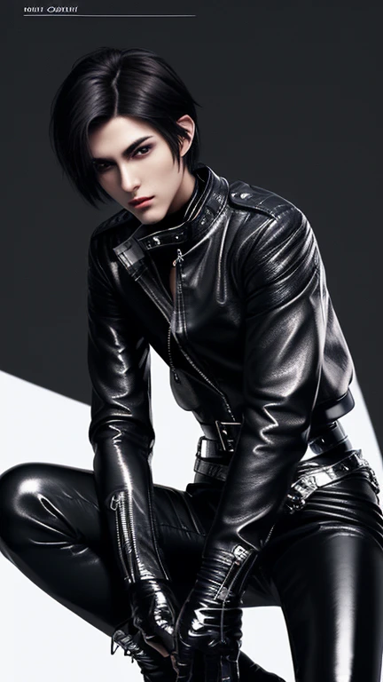 
Final Fantasy-style graphics、Young, cute and cool Japanese boys, Thin eyebrows and big eyes,  He is wearing a shiny white single-breasted leather jacket........。Biker style leather jacket、 with epaulettes,  The jacket is zipped up, The jacket pockets are black., The jacket has a high stand-up collar with a belt, Also wearing a black turtleneck, Black Leather Pants, Thin black leather gloves on both hands, Black leather knee-high lace-up boots, Show me your whole body from head to toe, Final Fantasy Style、((good looking))、((good looking))、((Clear eyes and nose))、((Shiny white single leather jacket))、((The jacket must be white.))、((The jacket has epaulettes))、((Jacket has a high stand-up collar and belt))、((The jacket has a black pocket))、((Black turtleneck shirt))、((Black Leather Pants))、((Always wear shiny black leather gloves on both hands))、((Cover the entire fingers of both hands with gloves))、((Black lace-up leather long boots))、((Show from head to toe))、Realistic image quality and texture、In a small cell、close your eyes、A kind smile、((The front of the jacket is closed with a zipper))、((No exposed skin below the neck))、((Round face)、((Short Hairstyles))、((Upright posture))、((Don&#39;t sit))