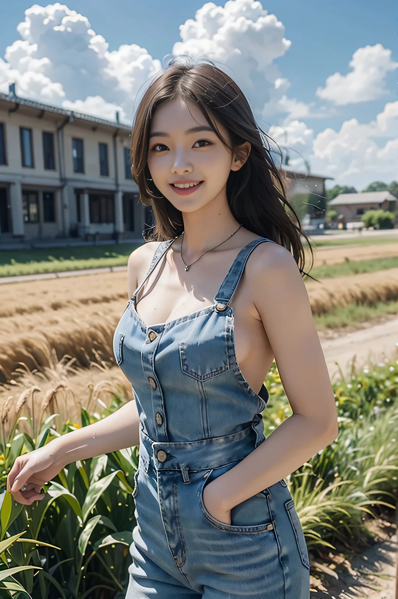 highest quality, Ultra-high resolution, masterpiece, Photorealistic: 1.8), pore, Accuracy, Wheat field,  Tall and wide, White clouds overhead, null, Denim coveralls, Full breasts、White tank top、Silver Necklace、Pale Light, young woman, Tie your hair back, Iris, Smiling eyes、smile, Open your mouth and laugh loudly、White teeth、Leaning forward, Leaning forwardになる, Bend your waist, Look into the chest, Detailed Description, 23 years old, cute,