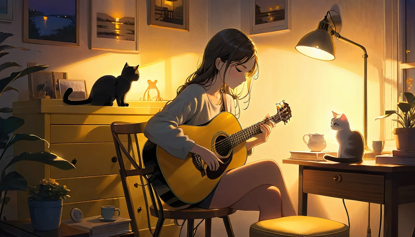 A dusk,
A girl sits in a cozy corner, guitar in tow.
The soft yellow light of a desk lamp illuminates her thoughtful expression, revealing deep concentration and a calm posture.
Her gentle gaze is comforting.
It adds to the quiet evening atmosphere, creating a peaceful and tranquil look,with cat.