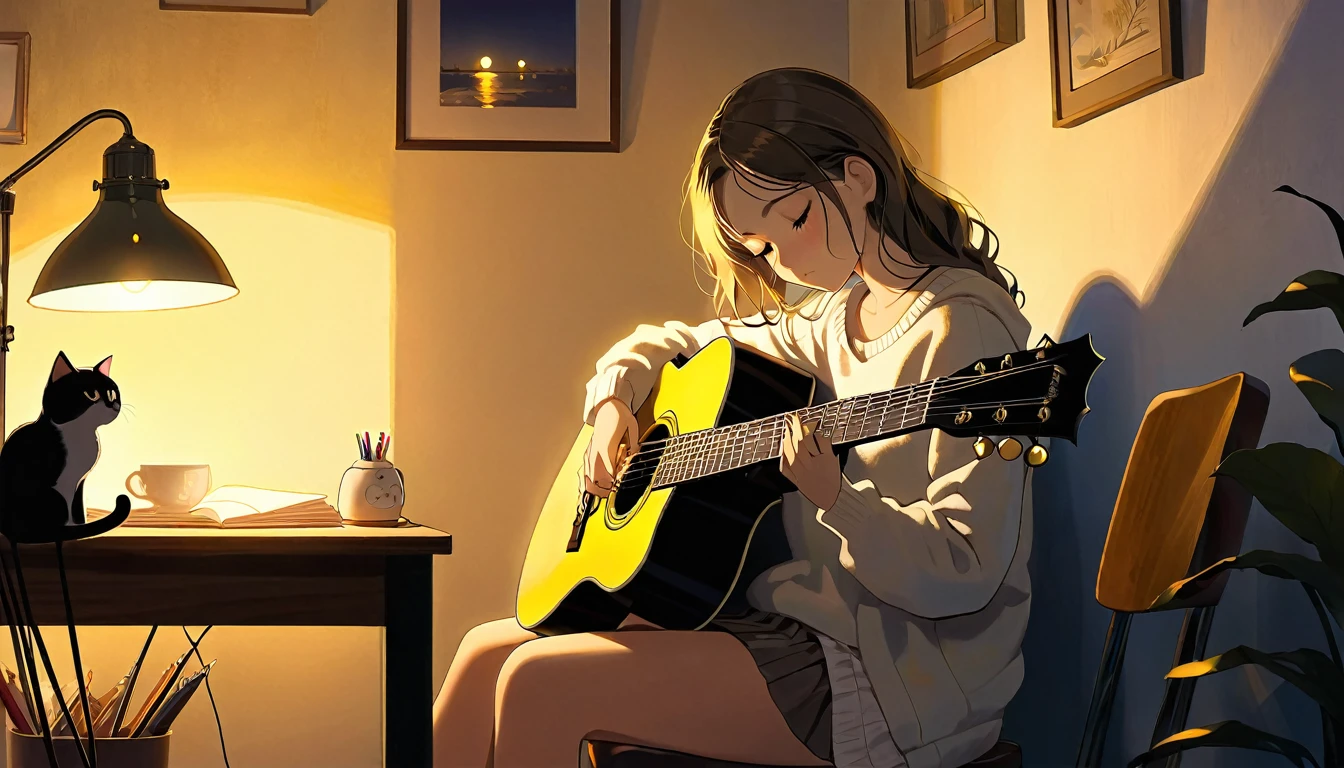 A dusk,
A girl sits in a cozy corner, guitar in tow.
The soft yellow light of a desk lamp illuminates her thoughtful expression, revealing deep concentration and a calm posture.
Her gentle gaze is comforting.
It adds to the quiet evening atmosphere, creating a peaceful and tranquil look,with cat.