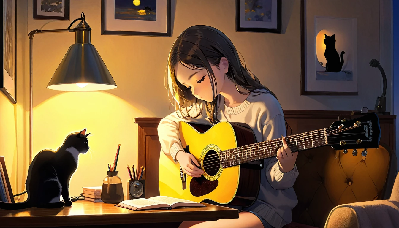 A dusk,
A girl sits in a cozy corner, guitar in tow.
The soft yellow light of a desk lamp illuminates her thoughtful expression, revealing deep concentration and a calm posture.
Her gentle gaze is comforting.
It adds to the quiet evening atmosphere, creating a peaceful and tranquil look,with cat.