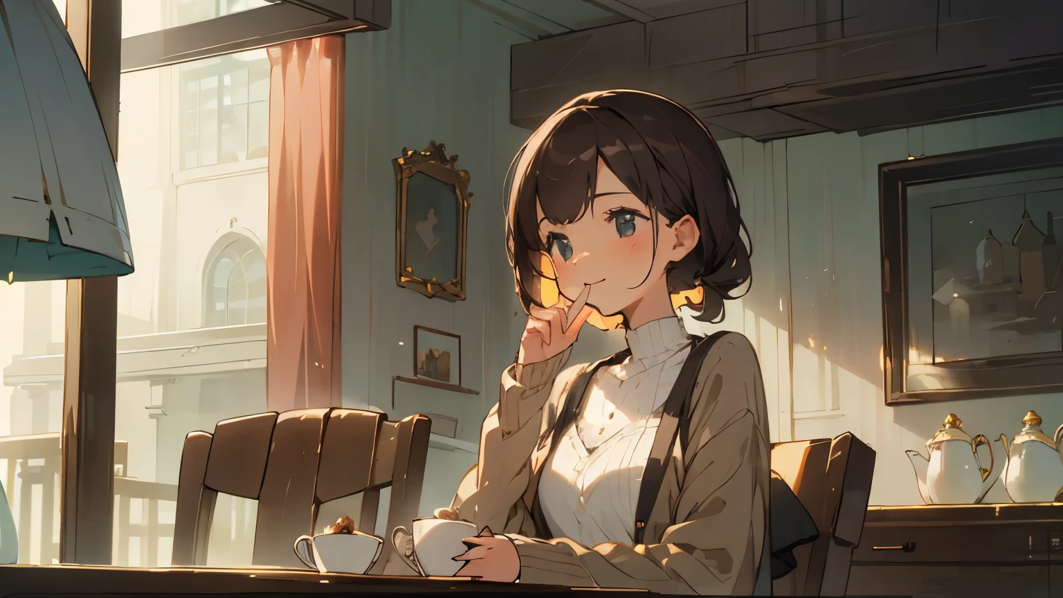 Stylish café、Pastel tones、Freshly Brewed Coffee、Delicious looking baked goods、Relaxed atmosphere、Cozy atmosphere、Beautiful girl with dark hair sitting and drinking coffee、Wearing a beige cardigan、smile、Warm Light、Looking away