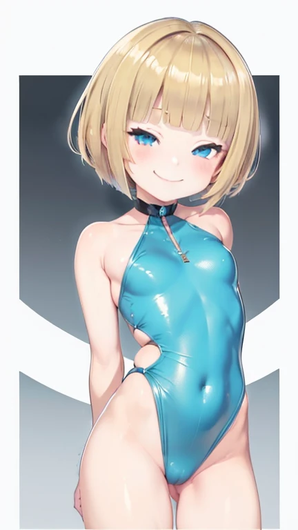 Blonde hair, short mash hair, turquoise eyes,A girl with impressive blonde hair、hair ornaments、short bob、hot pants、smile、dynamic pose, Pink bondage suit, mocking smile、Small breastasutepiece, Best Quality, 1 girl, Solo, effect, Dark background