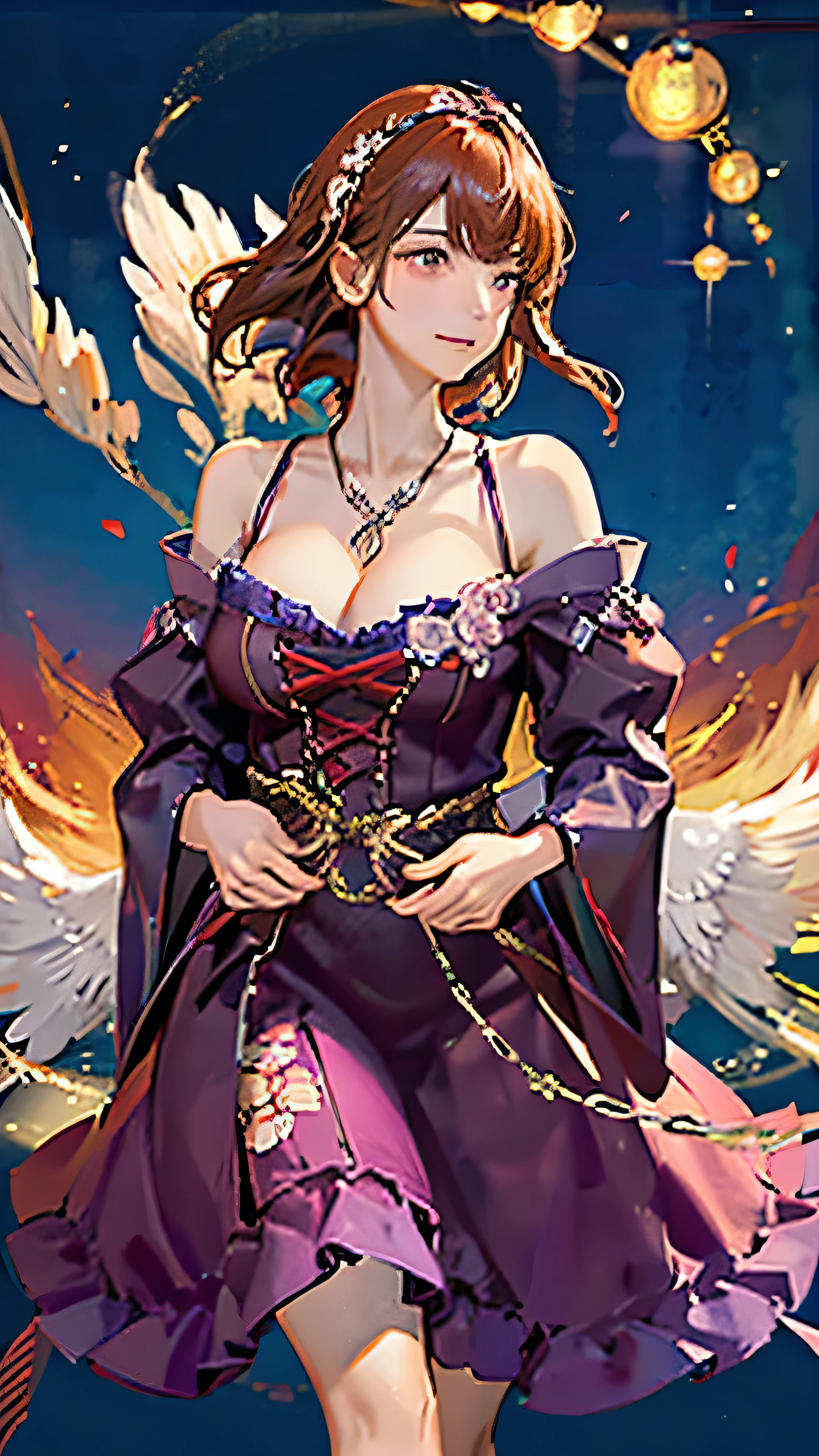 (highest quality, High resolution), Glowing Eyes, Delicate facial features, Vibrant colors, Dreamy atmosphere, Fantasy Theme, Floral Background, Graceful Movement, Detailed clothing, loose fitting dress, Elegant fashion, Magic lighting, Mysterious Aura, Heavenly Beauty, Magic thread, Whimsical elements,Big Breasts、Red attire、Colorful costumes、lingerie、Purple outfit