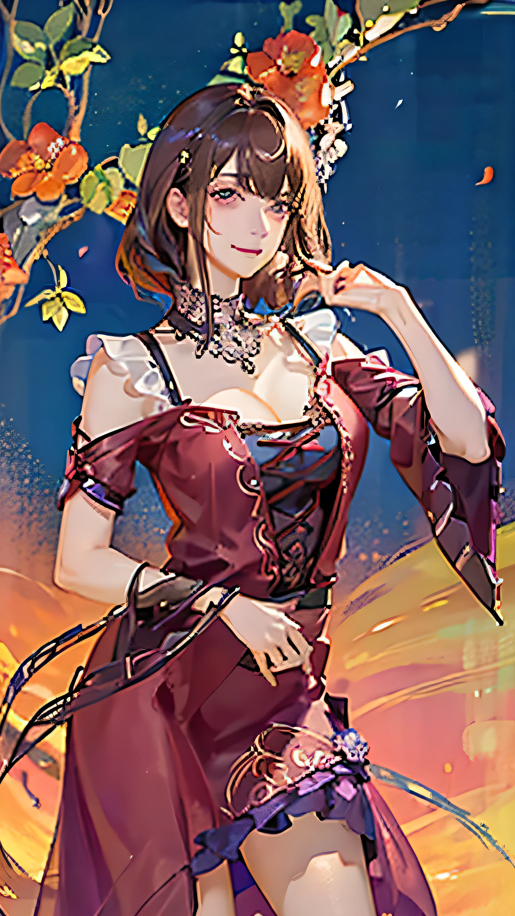 (highest quality, High resolution), Glowing Eyes, Delicate facial features, Vibrant colors, Dreamy atmosphere, Fantasy Theme, Floral Background, Graceful Movement, Detailed clothing, loose fitting dress, Elegant fashion, Magic lighting, Mysterious Aura, Heavenly Beauty, Magic thread, Whimsical elements,Big Breasts、Red attire、Colorful costumes、lingerie、Purple outfit