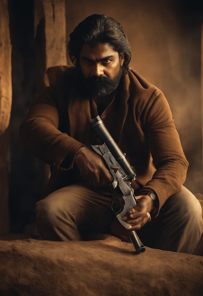 Vijay sethupathi thalapthy vijay as cowboy with a gun in hand artistic style image having a wild look and beard and rage in the eyes with a ciggarette in his mouth and wearing cool sunglass in a blasting fire background