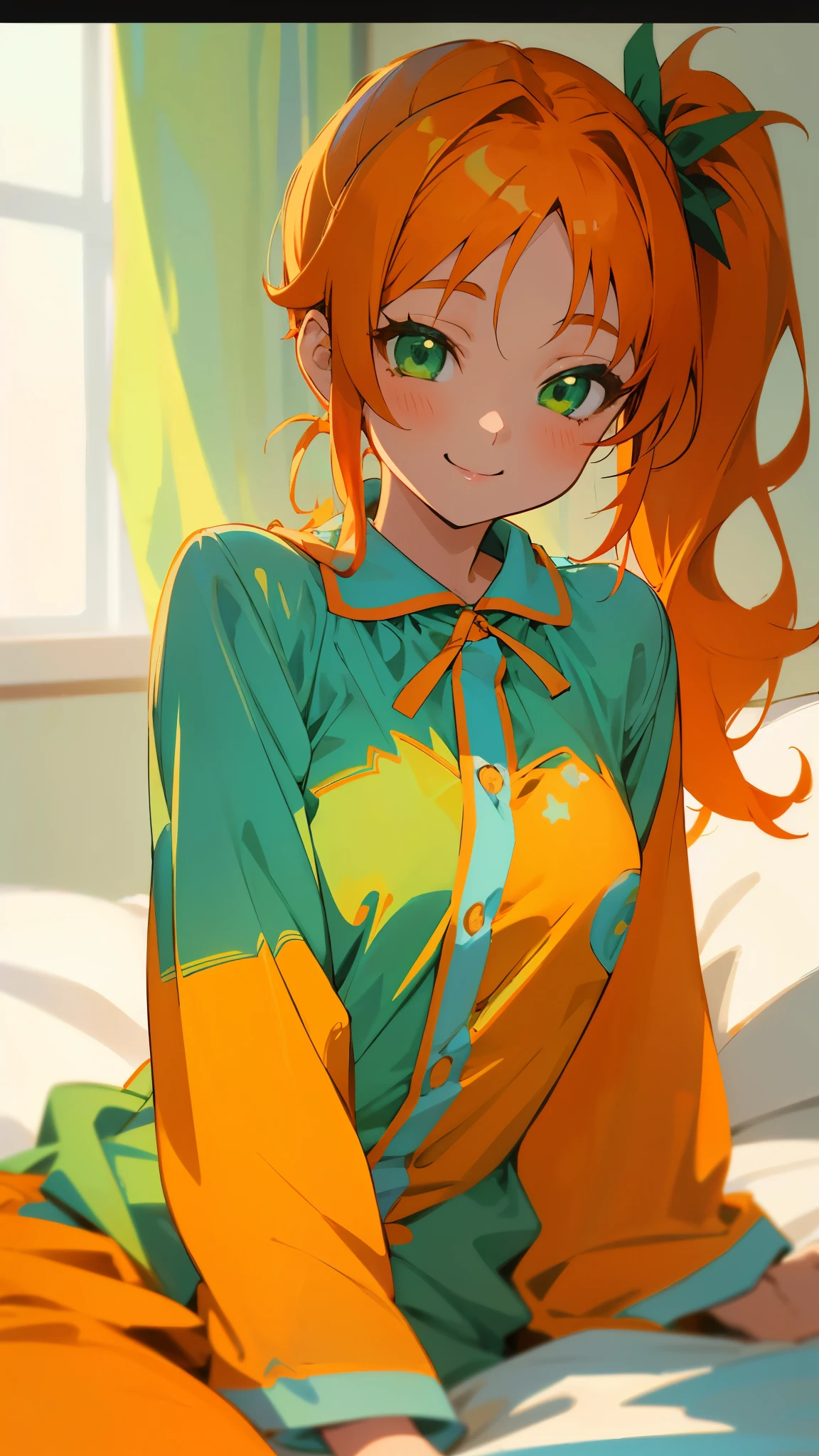 18-year-old girl sitting on bed、alone、Anime style painting、Wearing pajamas、Orange Hair、Beautiful green eyes、Side Ponytail、smile、smile、The soft texture of pajamas、Upper body close-up、Orange and green colours、Background Blur、Depth of the drawn border