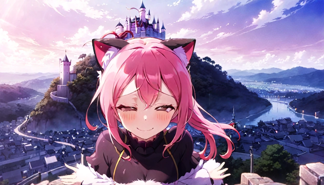 kawai anime girl looking at the horizon with a castle floating in the distance and people in the distance with powers, pink hair, happy, cat ears and panorama mode image that shows the landscape and that the girl does not look at the camera and that her entire body is seen, with a smile on her face, open her eyes, with a katana hanging on her anime waist, anime, anime!!! 4k