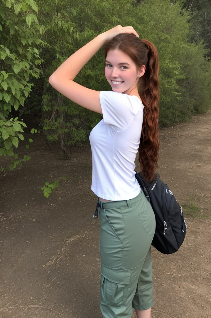 19-year-old tall American woman, [[smile]], wavy dark auburn hair, very long low solo ponytail, plain long white scoop neck tee shirt, cargo pants, hiking boots, ((big giant enormous oversized massive huge colossal gigantic breasts)), back country hiking in the foothills, backpack, (tall), (long legs), cleavage, strong, muscles, (facing camera:0.9)