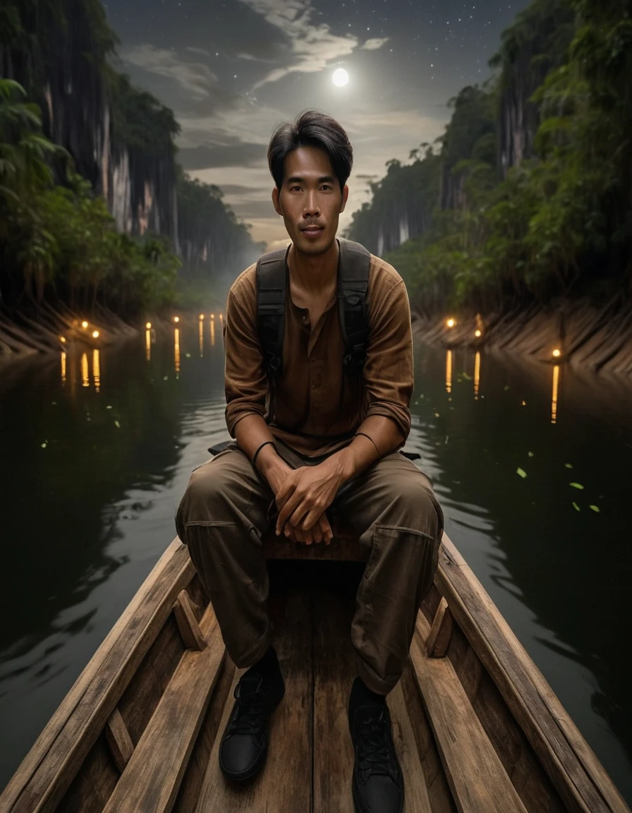 Far angle portrait photography of a traditional wooden boat boarded by a handsome Asian man wearing a brown shirt, black cargo pants, and black sneakers. His face is facing the camera with a faint smile, set in the swamp river of Kalimantan with a background of trees and cliffs during a moonlit night. The image should be realistic, with detailed focus, very high HD 16K quality, and a raw style.