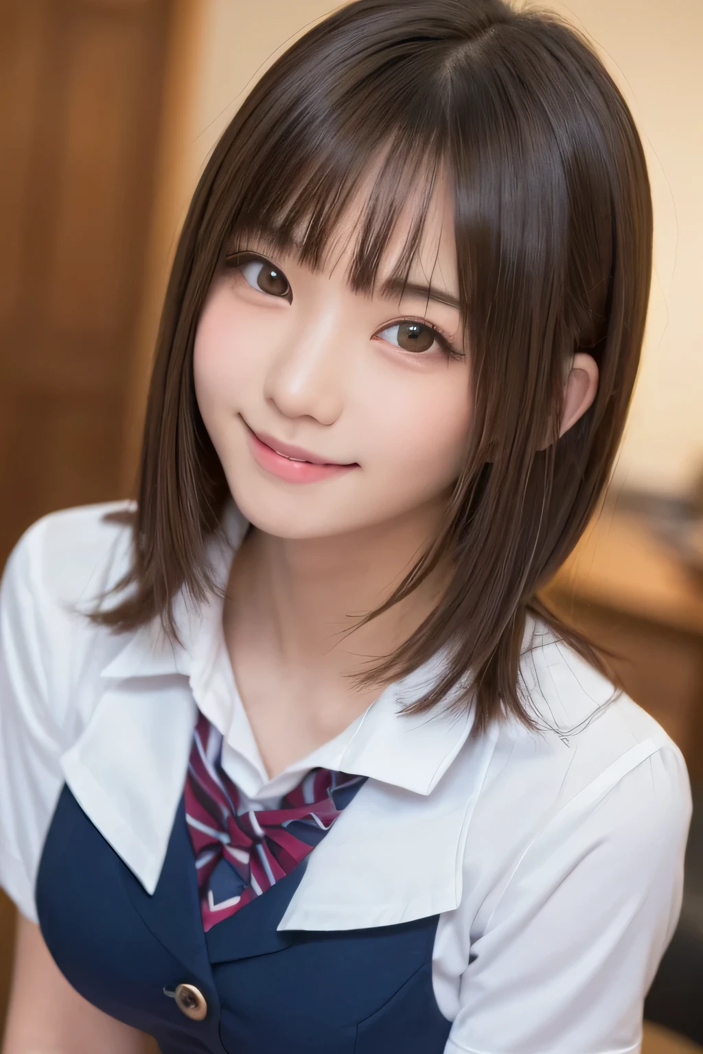 (masterpiece,highest quality,超A high resolution),Japanese women, (((Very cute 16 year old girl))), View the photographer, Front view, ((Bobcut)), Super cute face, Glossy lips, Double eyelids on both eyes, Focus your eyes, Natural Makeup, bangs, Shiny and smooth light brown wavy hair, (((Upper body close-up))), Large Breasts, Perfect limbs, Perfect Anatomy, (((One piece high school uniform:1.3))), ((Smile)), Night room, (Show off your slim thighs:1.3), ((Include the whole face and focus on the chest:1.2)), View your viewers, (Strike a cute pose:1.4), Perfect and natural fingers,