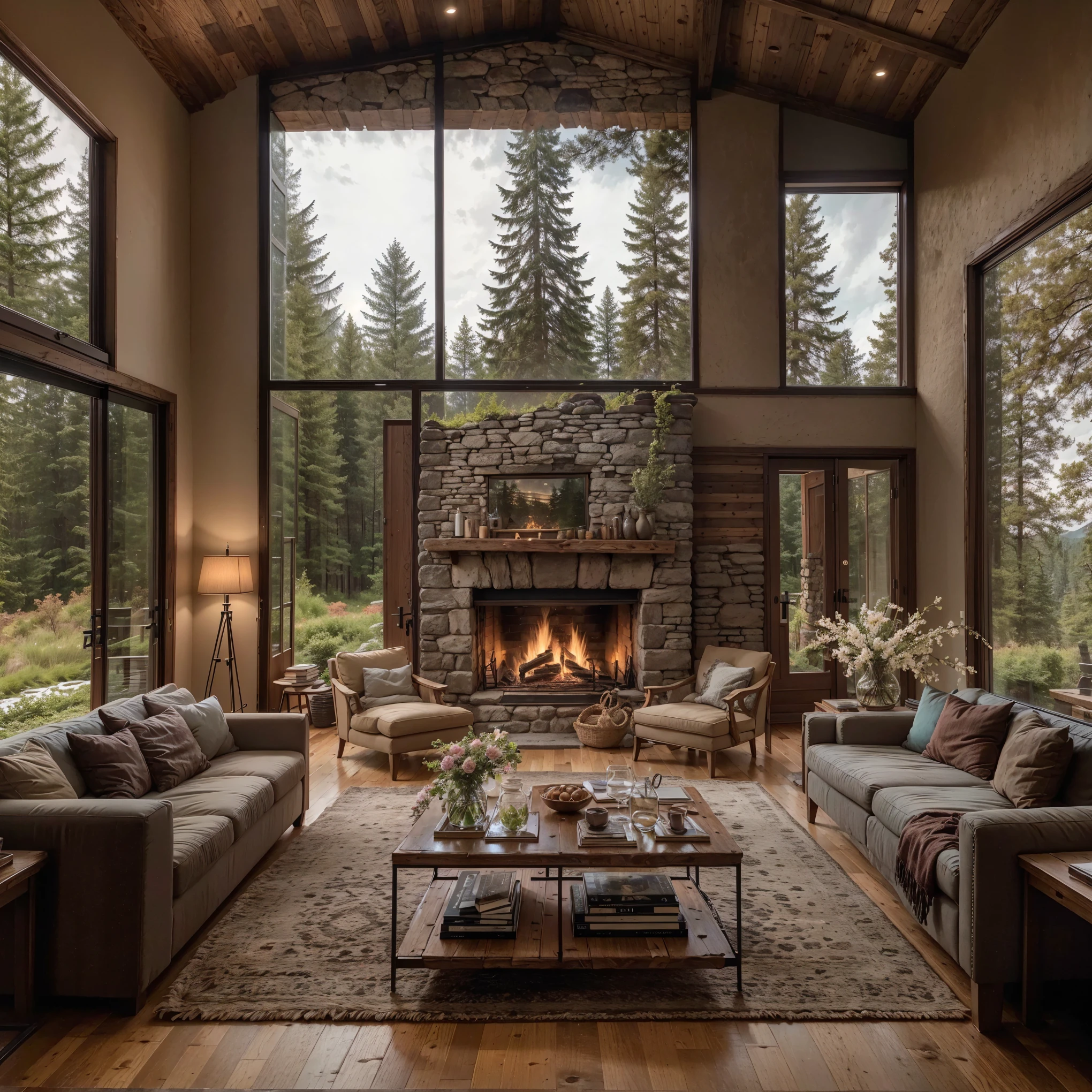 THIS EVENING WOODEN CABIN LIVING ROOM ANIME BACKGROUND, (COZY ATMOSPHERE), (SUBTLE LIGHTING), BRIGHT STONE FIREPLACE FIRE, LIONSKIN RUG THIS EVENING BEST QUALITY, TRANSPARENT GLASS WINDOWS