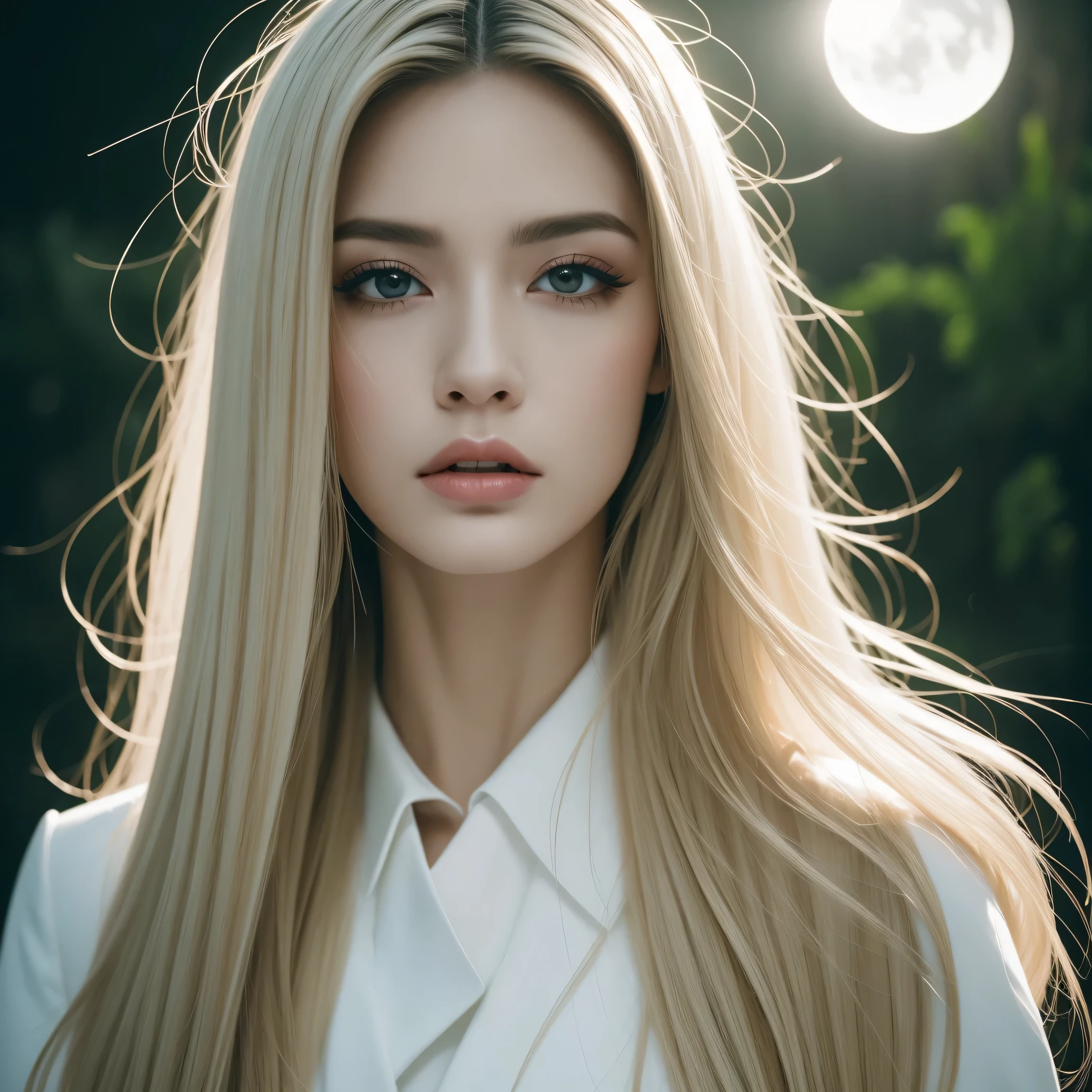 masterpiece, highest quality, (alone focus), (Perfect Face:1.1), (Attention to detail:1.1), (Ultra-detailed eyes), dramatic, 1 person, (Pale skin), Long white hair, Psychic Eyes, (Thin eyebrows), alone, Long Hair, J. Thiago Azevedo, moon, night, White luxury suit, Pouting, fur, Proud look,garden, Detailed Background, Art by artgerm, Cinema Lighting, rose, fashion, Balenciaga Style