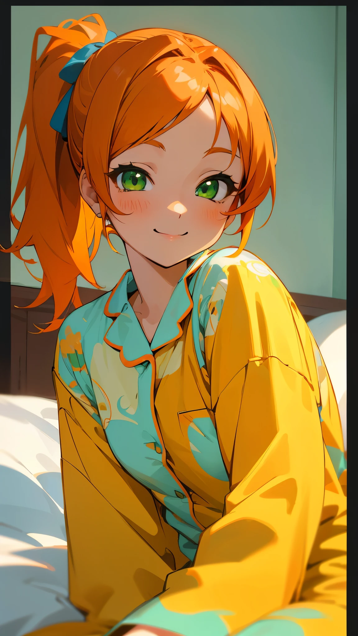 18-year-old girl sitting on bed、alone、Anime style painting、Wearing pajamas、Orange Hair、Beautiful green eyes、Side Ponytail、smile、smile、The soft texture of pajamas、Upper body close-up、Orange and green colours、Background Blur、Depth of the drawn border