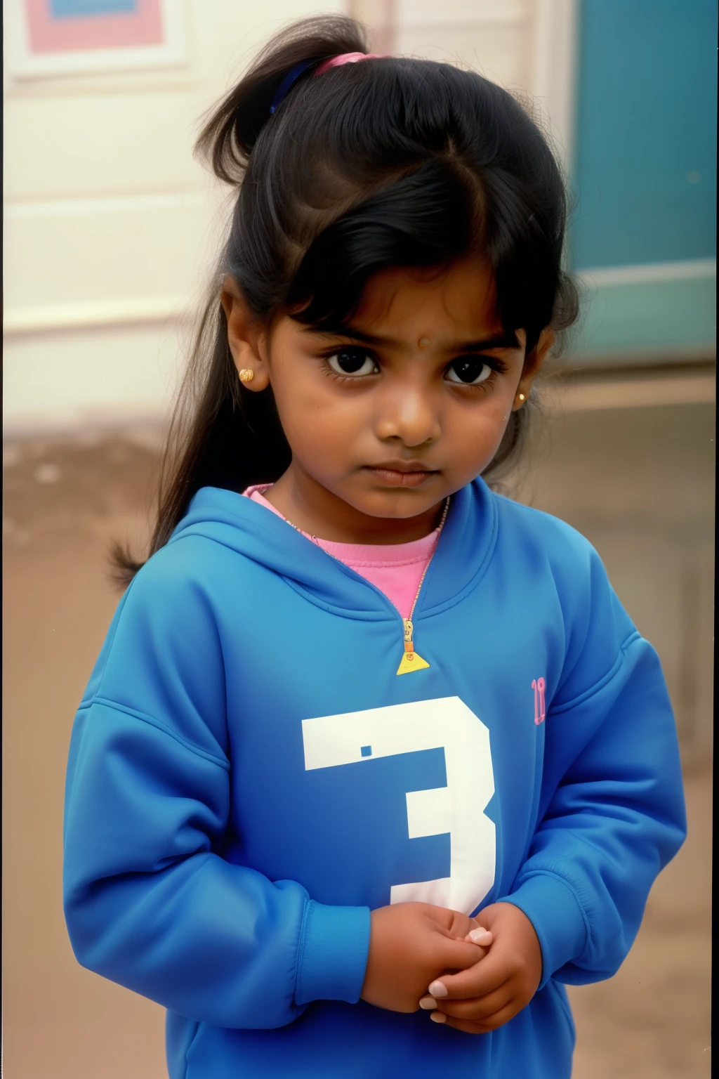 New Jersey, 1992. A little ((((5-year-old)) Prachi Gupta)), in kindergarten, ((sad expression)), ((((clothings from the 1990s)))), ((hairstyle of the 1990s)), colorful