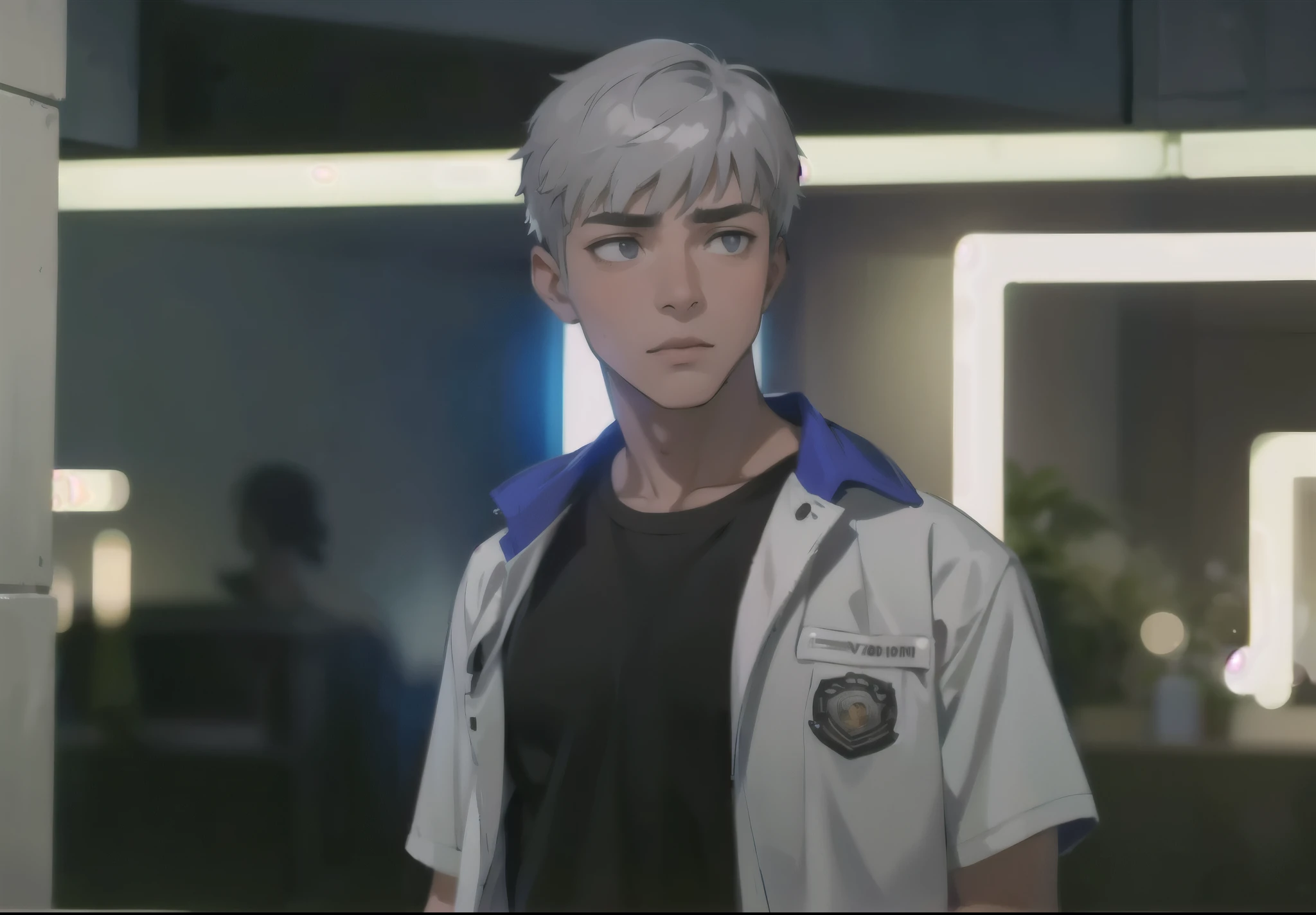 There is a  boy, gray hair, gray eyes, he is thoughtful, sad.